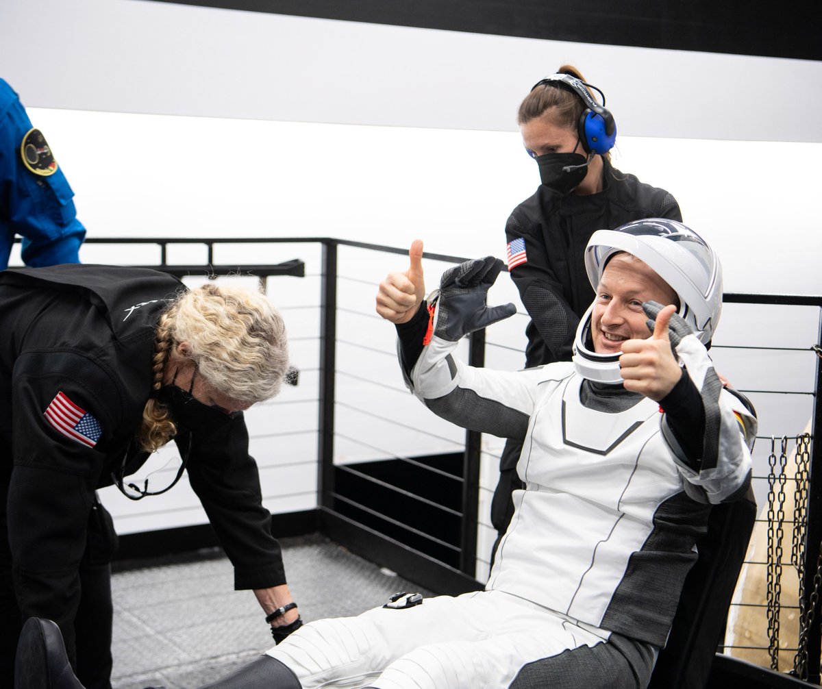 ESA (European Space Agency) astronaut Matthais Maurer gives a thumbs up after being helped out of the SpaceX Crew Dragon Endurance spacecraft onboard the SpaceX Shannon recovery ship.