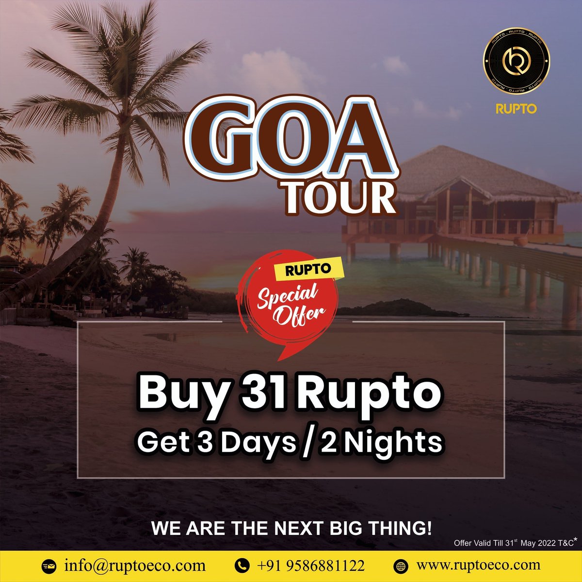 ruptochain's tweet photo. Amazing Offer!
Escape To The Beaches Of Goa⛱️
A Wonderful GOA Trip🏖️
Buy 31 RUPTO Get 3 Days/2 Night✨
For More Info Click On :- @ruptoofficial
#Rupto #tour#trip #offfer #crypto #cryptocurrency#web3 #stocks #coinbase#crypto #bitcoin #cryptocurrency #blockchain #ethereum #btc https://t.co/nBQ2kQ7GVC