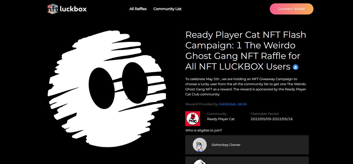 NFT LUCKBOX (@nftluckbox) on Twitter photo Hey #Luckypeople 🥳
<a href="/rpcnftclub/">Ready Player Club</a> just launched a Raffle Campaign to celebrate success of NFT LUCKBOX for the 2nd week & to thank the early supporters🎁
All registered Community NFT holders Qualify.
How To Participate-
1️⃣ Click Register
2️⃣Done🎉
Go to - nftluckbox.xyz/event/ready-pl… Hey #Luckypeople 🥳
<a href="/rpcnftclub/">Ready Player Club</a> just launched a Raffle Campaign to celebrate success of NFT LUCKBOX for the 2nd week & to thank the early supporters🎁
All registered Community NFT holders Qualify.
How To Participate-
1️⃣ Click Register
2️⃣Done🎉
Go to - nftluckbox.xyz/event/ready-pl…