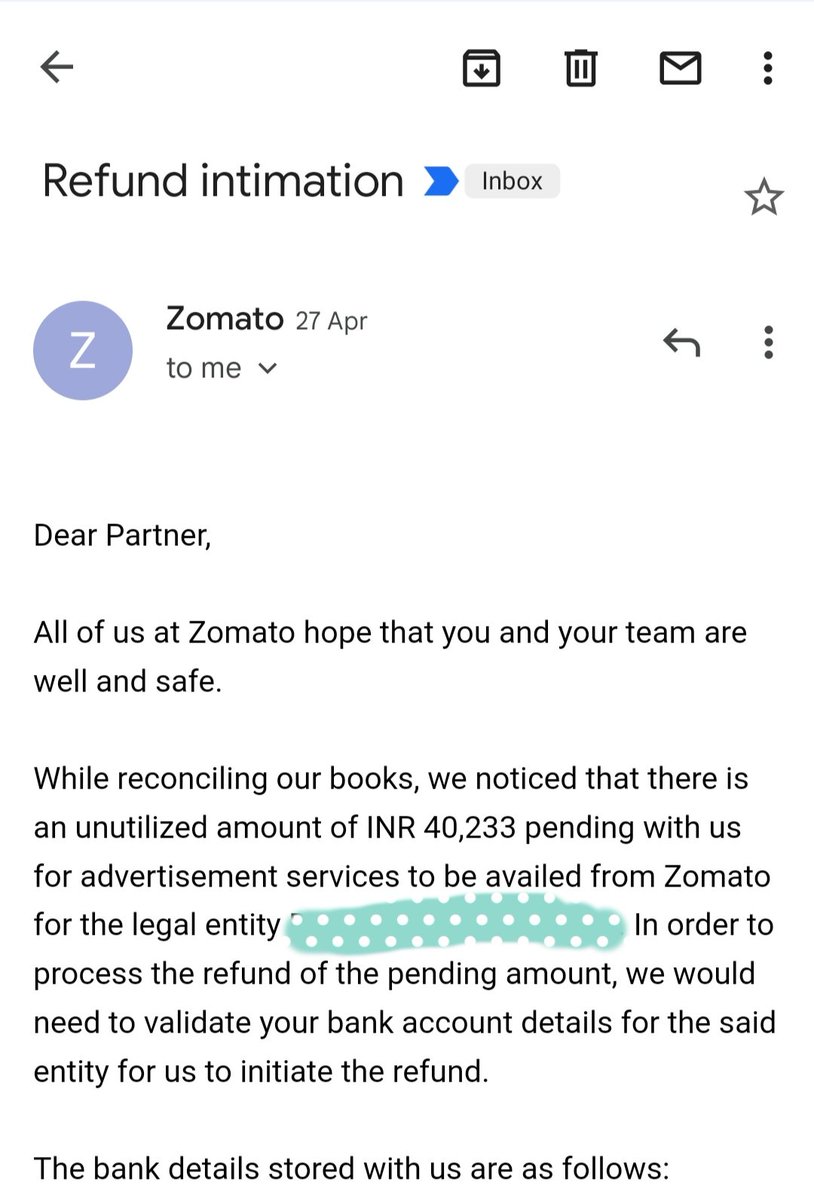 deepvish's tweet photo. @zomatocare @zomato @zomatoin
Hi, 
I am a resturant parter with zomato, as my restaurant is closed, there was an unutilized advertisment amount which needs to be refunded from your side.

I have a recieved a mail from you on 27th Apr'22 but the amount is still not refunded. https://t.co/kMLhFmIOwk