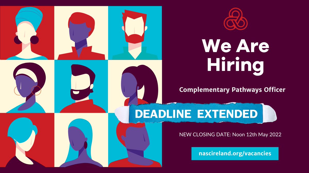 NascIreland's tweet photo. We've extended the closing date to apply for the Complementary Pathways Officer role to: 
📅 Monday 9th May 
⏰Noon

Be part of designing &amp; implementing new education &amp; employment pathways for refugees to make Ireland their home

Details https://t.co/2z6fMynaX0

#JobFairy https://t.co/CdwZXHt5M5