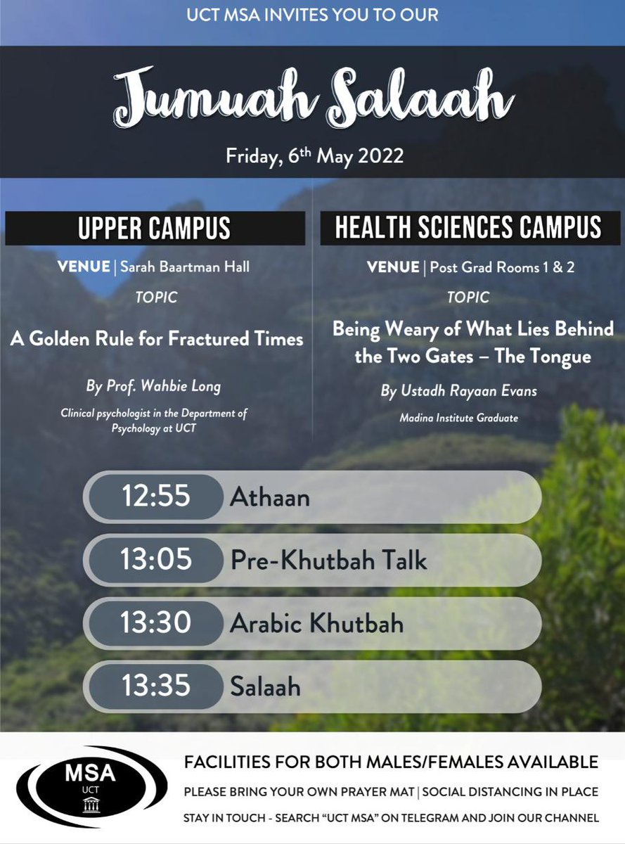 UCTMSA's tweet photo. Jummuah Mubarack 💫

Today we have talks by Ustadh Rayaan Evans, a graduate of the Madina Institute (@MadinaInstZA), and Prof. Wahbie Long, a clinical psychologist with interests in Islamic psychology and the application of psychoanalytic theory to social issues in South Africa. https://t.co/fDJVUXSeuW