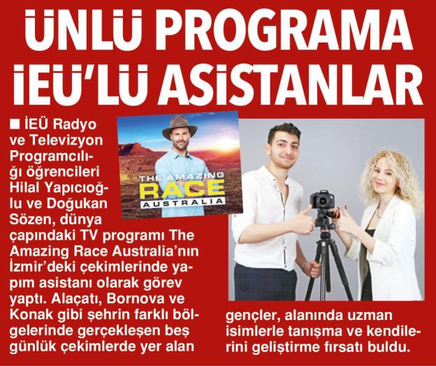 Radyo ve Televizyon Programcılığı öğrencilerimiz Hilal Yapıcıoğlu ve Doğukan Sözen, dünya çapındaki televizyon programı The Amazing Race Australia’nın İzmir’deki çekimlerinde ‘yapım asistanı’ olarak görev yaptı.👏 ieu.edu.tr/tr/news/type/r…
