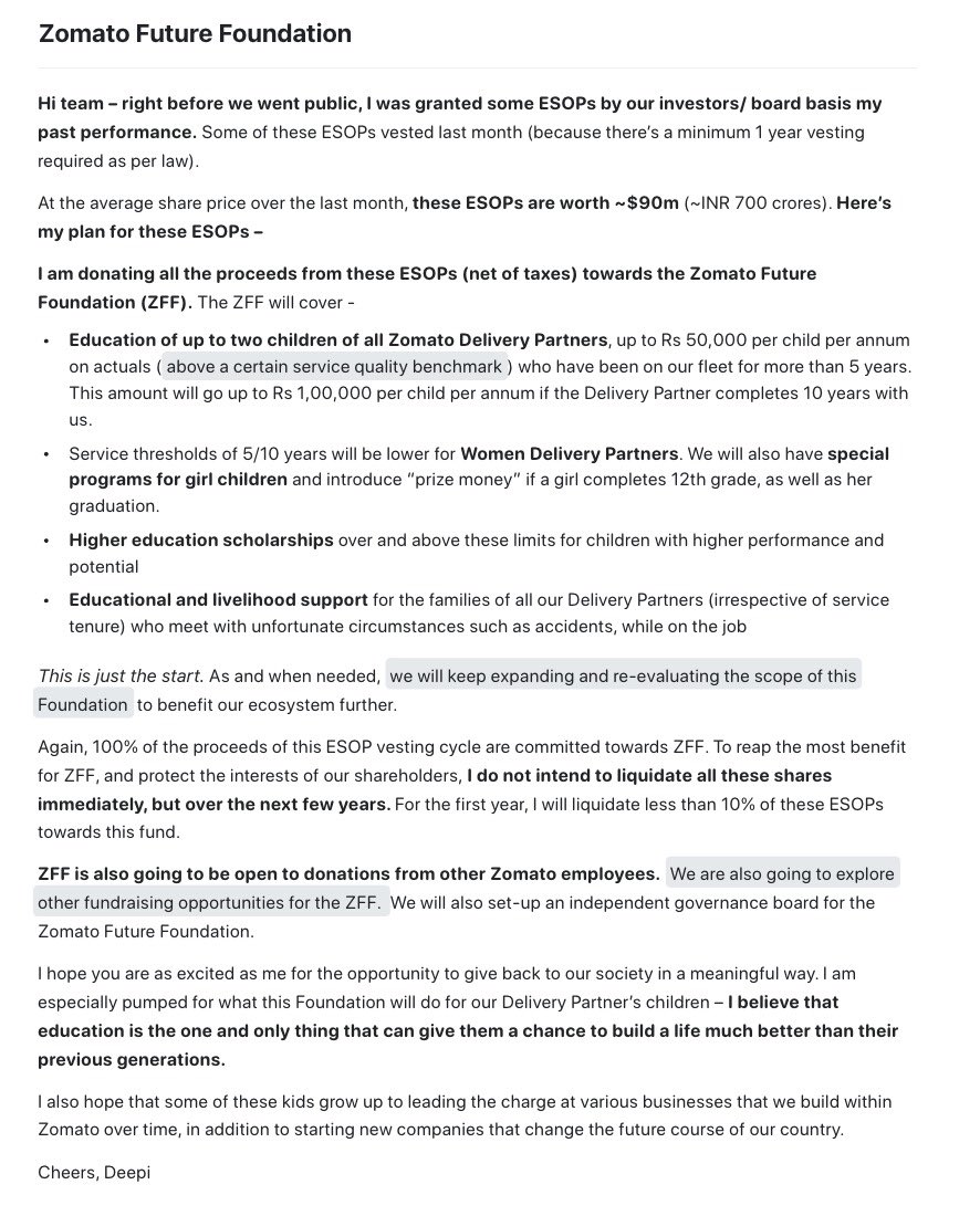 NayantaraRai's tweet image. Zomato founder @deepigoyal to donate Rs 700 Cr of vested ESOPs to Zomato Future Foundation. The money will be used to educate children of @zomato delivery partners. Details below 👇
What a great cause!!
