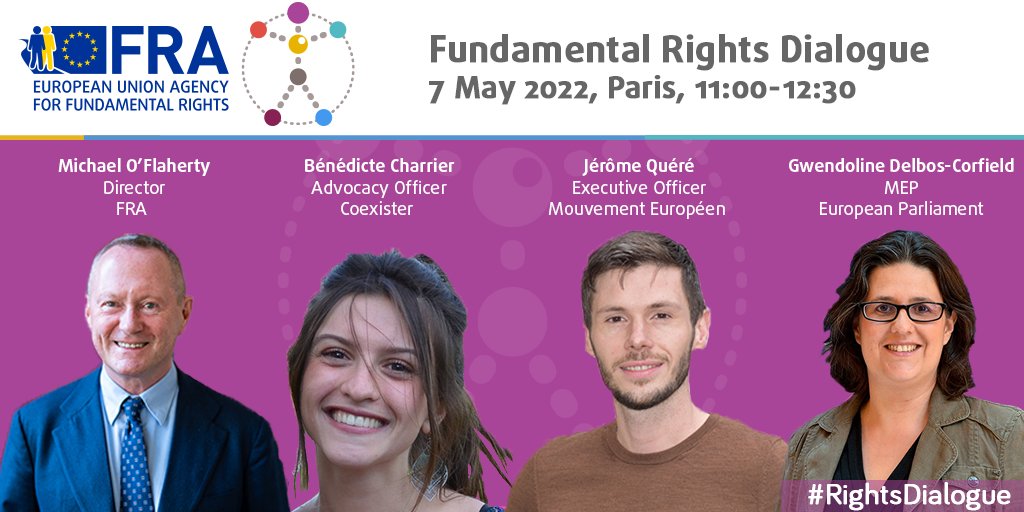 EU Fundamental Rights ➡️ #HumanRights (@eurightsagency) on Twitter photo 📍Tomorrow is #RightsDialogue day!
Are you ready?
Join FRA Director <a href="/MichaelCJT/">Michael O'Flaherty</a>, <a href="/GDelbosCorfield/">Gwendoline Delbos-Corfield</a> MEP & @assocoexister Advocacy Director <a href="/Bene_Chr/">Bene</a> <a href="/MouvEuropeen_Fr/">Mouvement Européen - France</a> Exec Officer <a href="/JeromeQuereMEF/">Jérôme Quéré</a> for a lively #HumanRights debate!
📺LIVE from 11:00!
More 👉 fra.europa.eu/en/event/2022/… 📍Tomorrow is #RightsDialogue day!
Are you ready?
Join FRA Director <a href="/MichaelCJT/">Michael O'Flaherty</a>, <a href="/GDelbosCorfield/">Gwendoline Delbos-Corfield</a> MEP & @assocoexister Advocacy Director <a href="/Bene_Chr/">Bene</a> <a href="/MouvEuropeen_Fr/">Mouvement Européen - France</a> Exec Officer <a href="/JeromeQuereMEF/">Jérôme Quéré</a> for a lively #HumanRights debate!
📺LIVE from 11:00!
More 👉 fra.europa.eu/en/event/2022/…