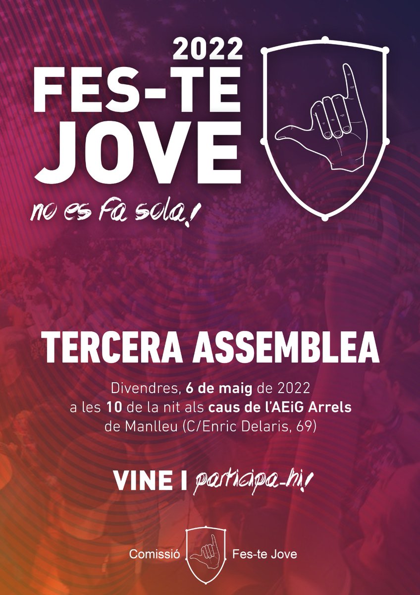 Ens veiem a les 22h, als caus de l' <a href="/AEiGArrels/">AEiG Arrels</a>, per a seguir treballant per la #FesteJove22 🥳🤙

Vine i participa-hi!