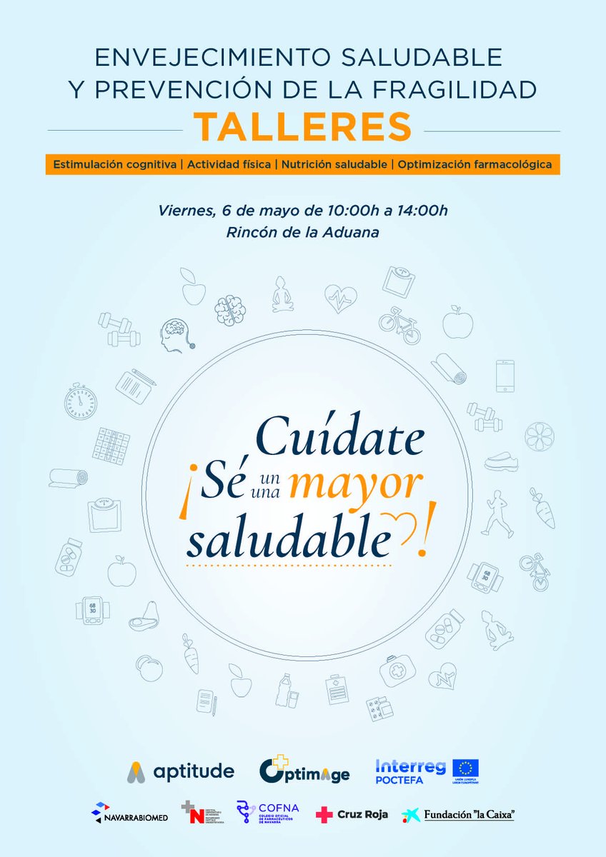 CruzRojaNavarra's tweet photo. Hoy, de 10 a 14h, estamos en la jornada “Nuevos horizontes en envejecimiento y salud”, de los proyectos europeos #Aptitude y #Optimage, y de la mano de #Navarrabiomed, “¡Cuídate y sé mayor saludable!”, talleres sobre envejecimiento activo y saludable, en el Rincón de la Aduana. https://t.co/LIeRbTDSqt