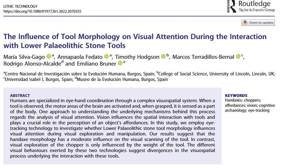 Our new paper is out! 🥳 We join #geometricmorphometrics and #eyetracking to find out which stone tool properties influence visuospatial attention #cognitivearchaeology 

Full free access ⬇️
tandfonline.com/eprint/YIWQKWF…