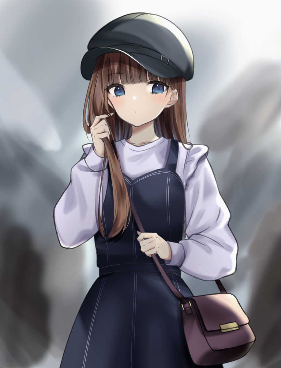 1girl blue eyes brown hair hat bag long hair black headwear  illustration images