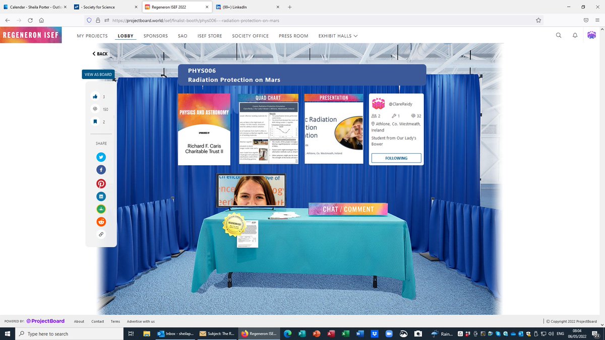 SciFest4STEM's tweet image. Regeneron ISEF 2022, Atlanta. All set up and ready to go! Click the following link below to view Clare&apos;s project PHYS006 - Radiation Protection on Mars  projectboard.world/isef/finalist-… #makeprojects @Society4Science @OLBAthlone @Noreen__Morris @DrJohnODonoghue @NormaFoleyTD1 @scienceirel