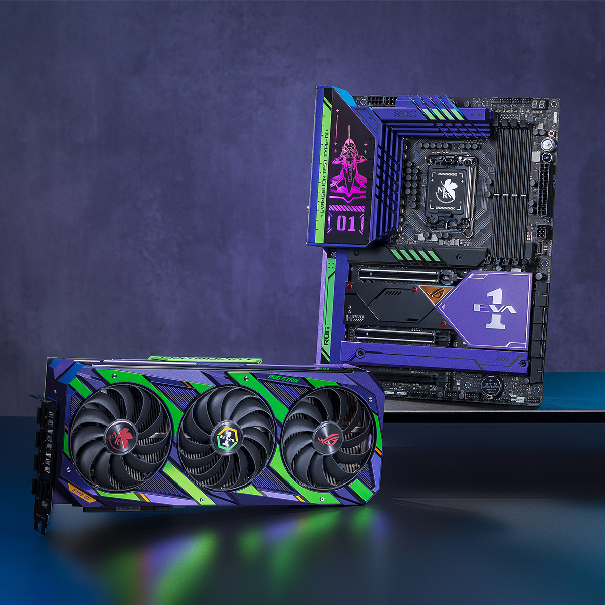 ASUS_ROG's tweet photo. We present the building foundation for your ultimate EVA-themed PC build 🖥️🛠️🟩🟪 with:

✨Dynamic EVA-01 polymo lighting
🌈Synchronization ARGB panel
🛑A.T. Field design on board

Which one is your favorite?

#ROG #Evangelion #ROGxEVANGELION https://t.co/W9VeX93YsM