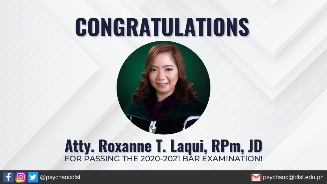 psychsocdlsl's tweet photo. In great pride, we CONGRATULATE Atty. Roxanne T. Laqui, RPm, J.D, as well as Atty. Nia Coline M. Mendoza, J.D for passing the recently held 2020-2021 Bar Examination! 🎊

#BestBarEver2020_21 
#ANIMOPsych #LaPSYCHyanos https://t.co/KwzMQIZEAF