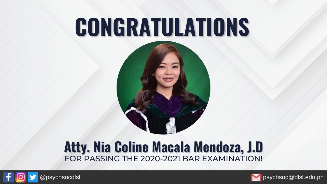 psychsocdlsl's tweet photo. In great pride, we CONGRATULATE Atty. Roxanne T. Laqui, RPm, J.D, as well as Atty. Nia Coline M. Mendoza, J.D for passing the recently held 2020-2021 Bar Examination! 🎊

#BestBarEver2020_21 
#ANIMOPsych #LaPSYCHyanos https://t.co/KwzMQIZEAF