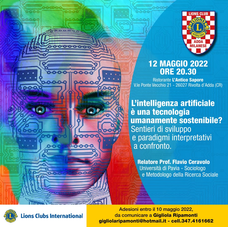 Il 12 maggio incontro a #Rivolta d'Adda sul tema quanto mai attuale dell'intelligenza artificiale col prof. Ceravolo dell'Università di Pavia.
#WeServe #108IB4 #SeguiLions