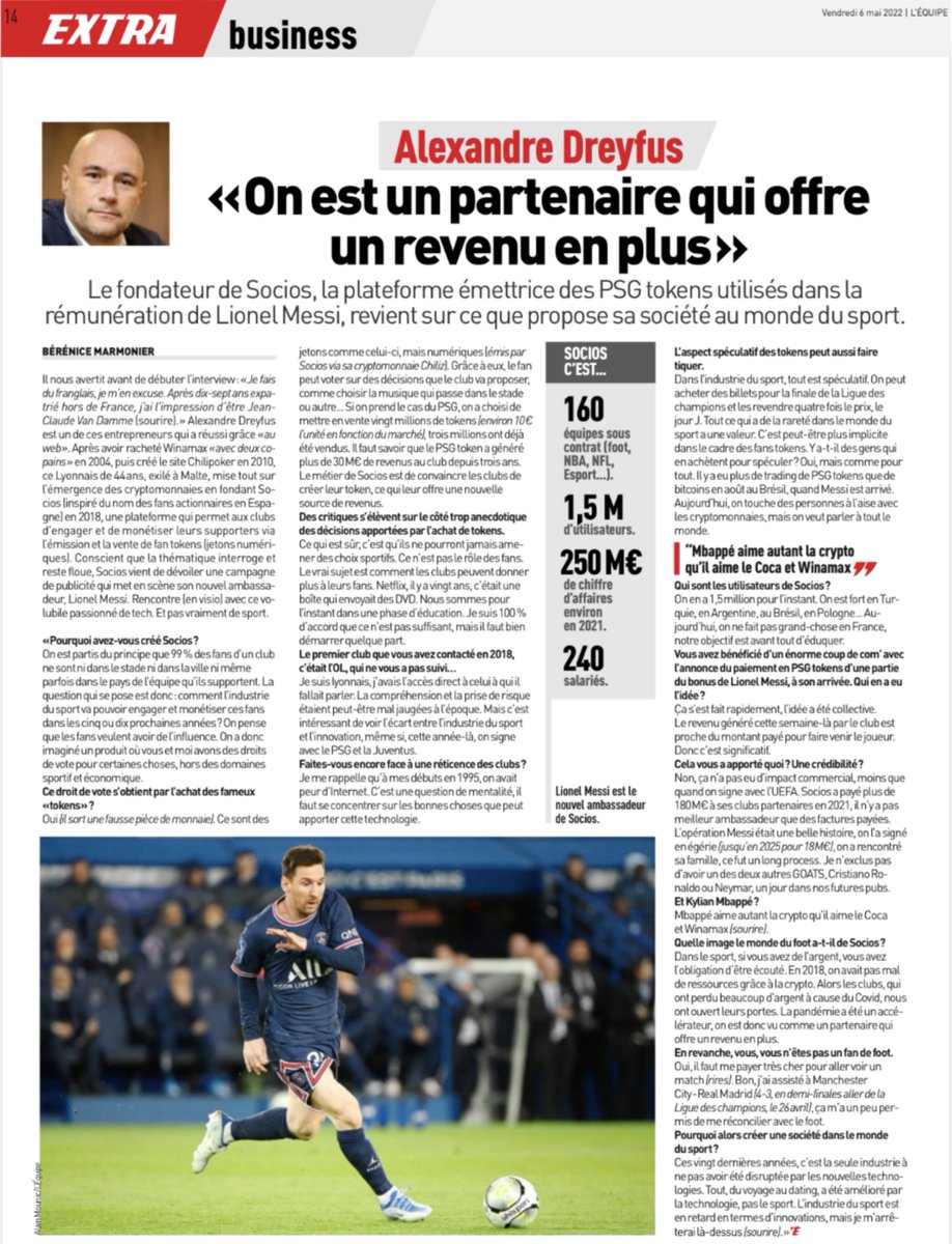 alex_dreyfus's tweet photo. Interview in @lequipe in France about @socios . LOL at my quote "@KMbappe loves crypto as much as he loves @CocaCola  &amp; @Winamax". :-) Only French will get this one. https://t.co/mbJqPsG4wB