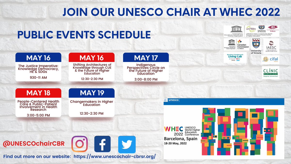 UNESCOchairCBR's tweet photo. Ready for the #HigherEducationWeek starting 16-22nd May? ‼️📢🔔
Our Co Chairs Dr. @buddhall Dr. @RTandon_PRIA r org a series of public events in Barcelona. Stay tuned on r page and website 4 updates. Below are some themes that r Chair will be hosting dialogues on! @PRIA_India https://t.co/nGO0fGfd2U