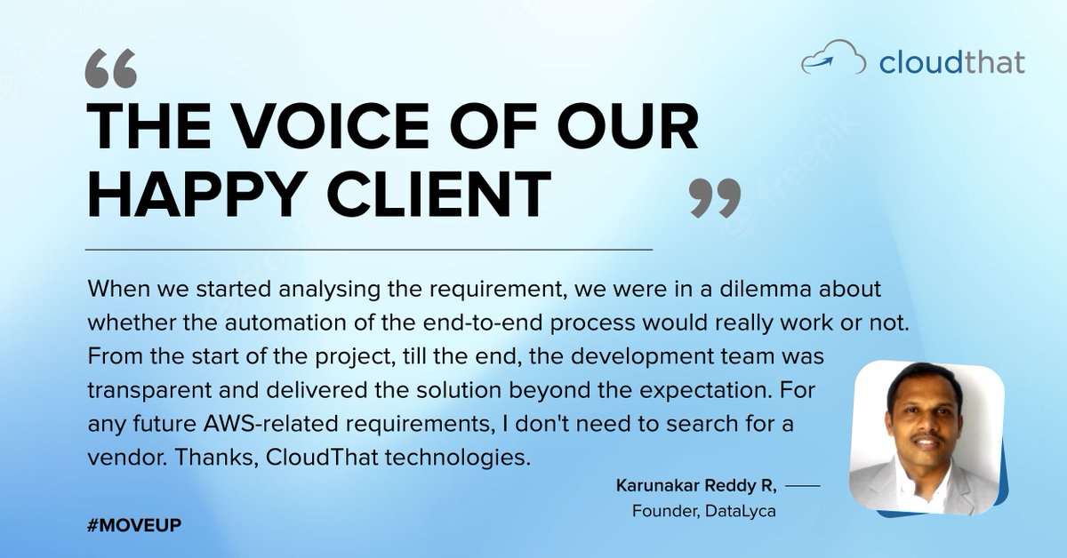cloudthat's tweet photo. The Voice of our Happy Client!
#cloudthat #cloudtraining #cloudcomputing #testimonial #trainingonline #cloudconsulting #elearningplatform #learnwithcloudthat #moveup #upgradeyourcareer #advancedtechnology #upskillyourself #learningcontinues https://t.co/iLPazdFM1s