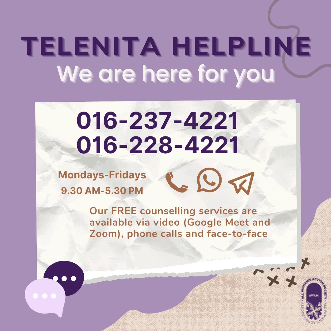 AWAMMalaysia's tweet photo. At our Telenita helpline, we're always ready to listen to and support you, especially during times when you need it. Call/text us if you want to book a counselling appointment with us ☎️
#AWAM #AWAMTelenita #TelenitaListens #SurvivorFirst #GenderBasedViolence #MentalHealth https://t.co/TAg9tMNPd6