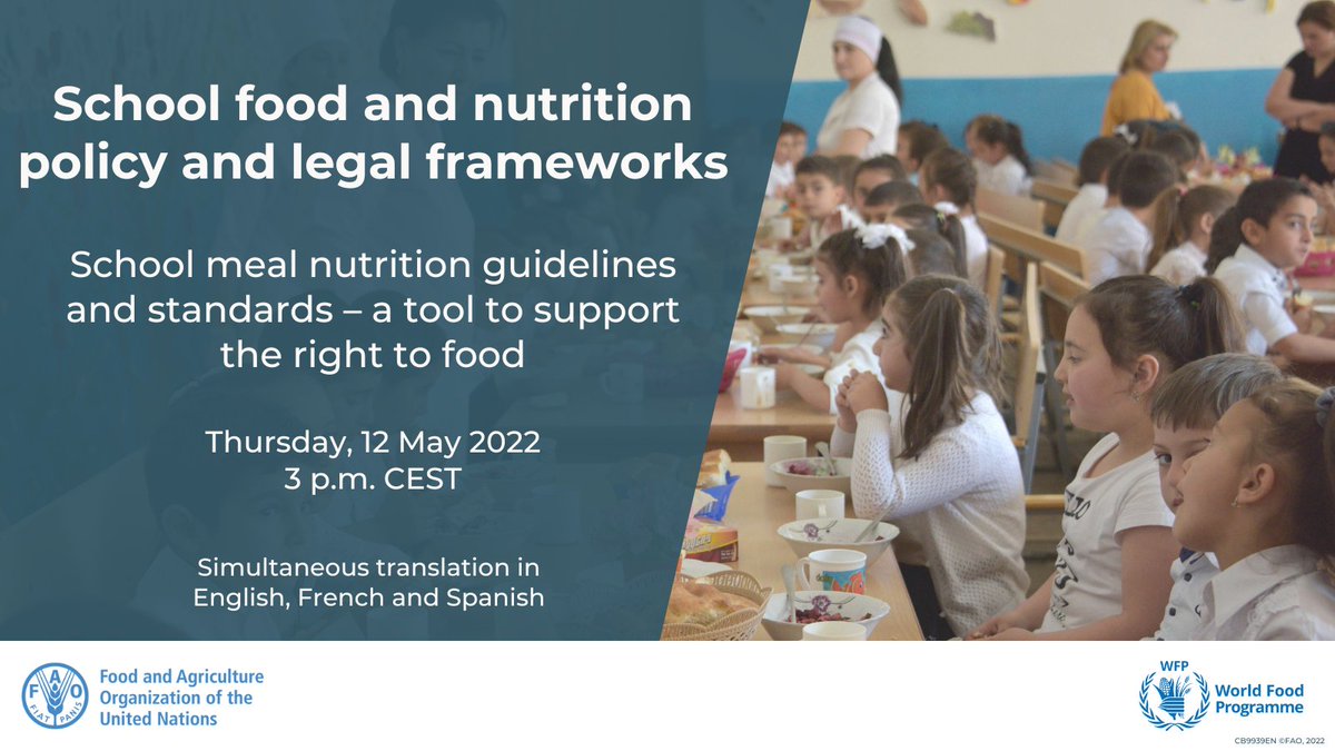 Nutrition standards can improve school food. To introduce them, adequate policy and legal frameworks need to be in place.
Join this <a href="/FAO/">Food and Agriculture Organization</a>-<a href="/WFP/">World Food Programme</a> technical webinar to learn more, with country experiences from 🇫🇷 🇬🇹 🇪🇸

🗓️12 May
🕔3 PM (CEST)
👉bit.ly/3LM8SF8
#MySchoolFood