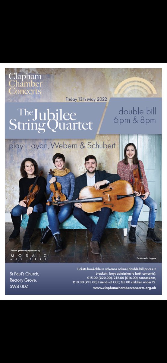 ClaphamConcerts's tweet photo. Have we got a treat for you! Not one but TWO concerts by the amazingly talented @JubileeQuartet  https://t.co/hyRQ5rKBL0 https://t.co/SgwNLPiJaM