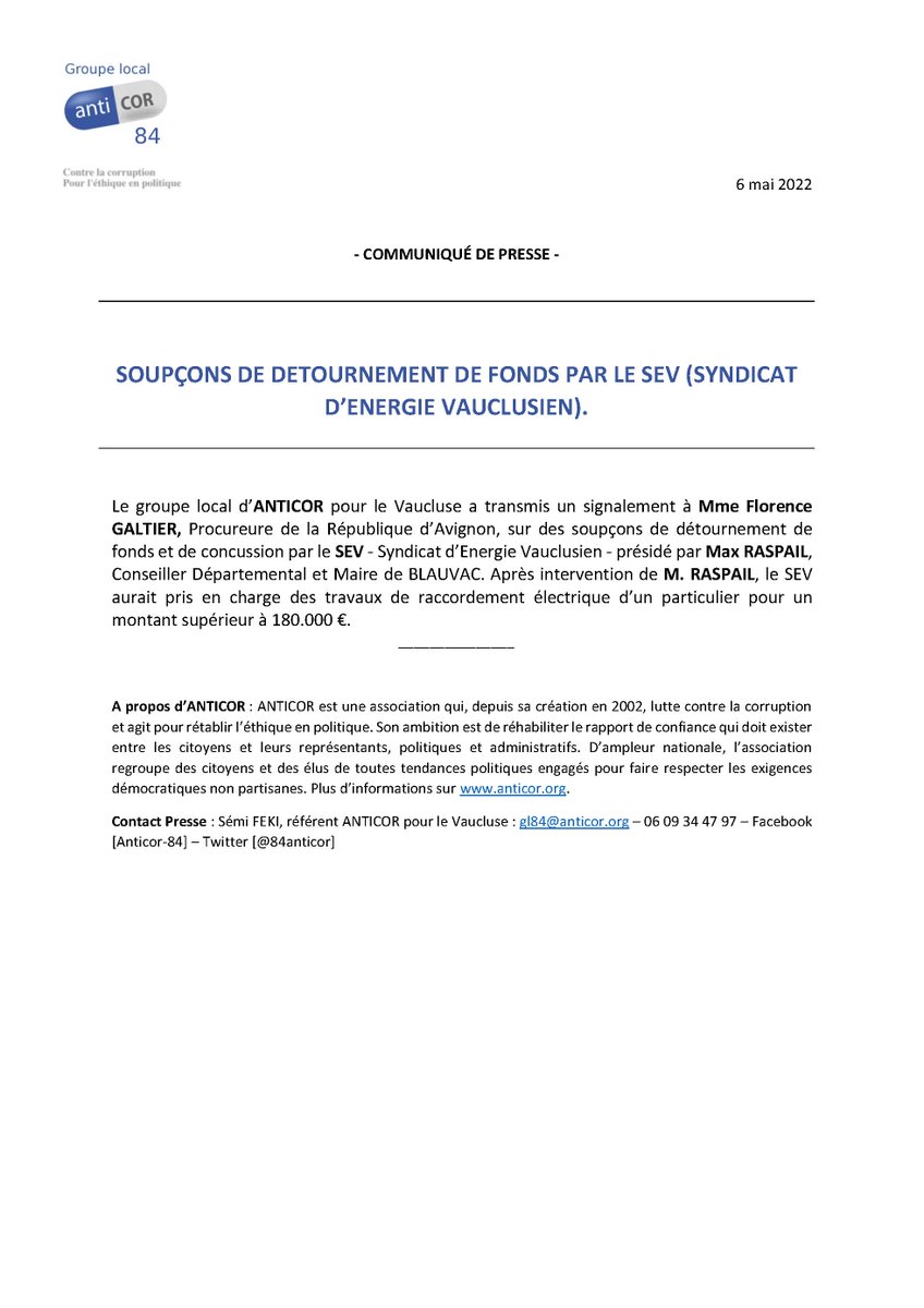 84Anticor's tweet photo. SYNDICAT D’ÉNERGIE VAUCLUSIEN: signalement sur des faits susceptibles de caractériser les délits de détournement de fonds et de concussion. https://t.co/bMnGVDTKPy