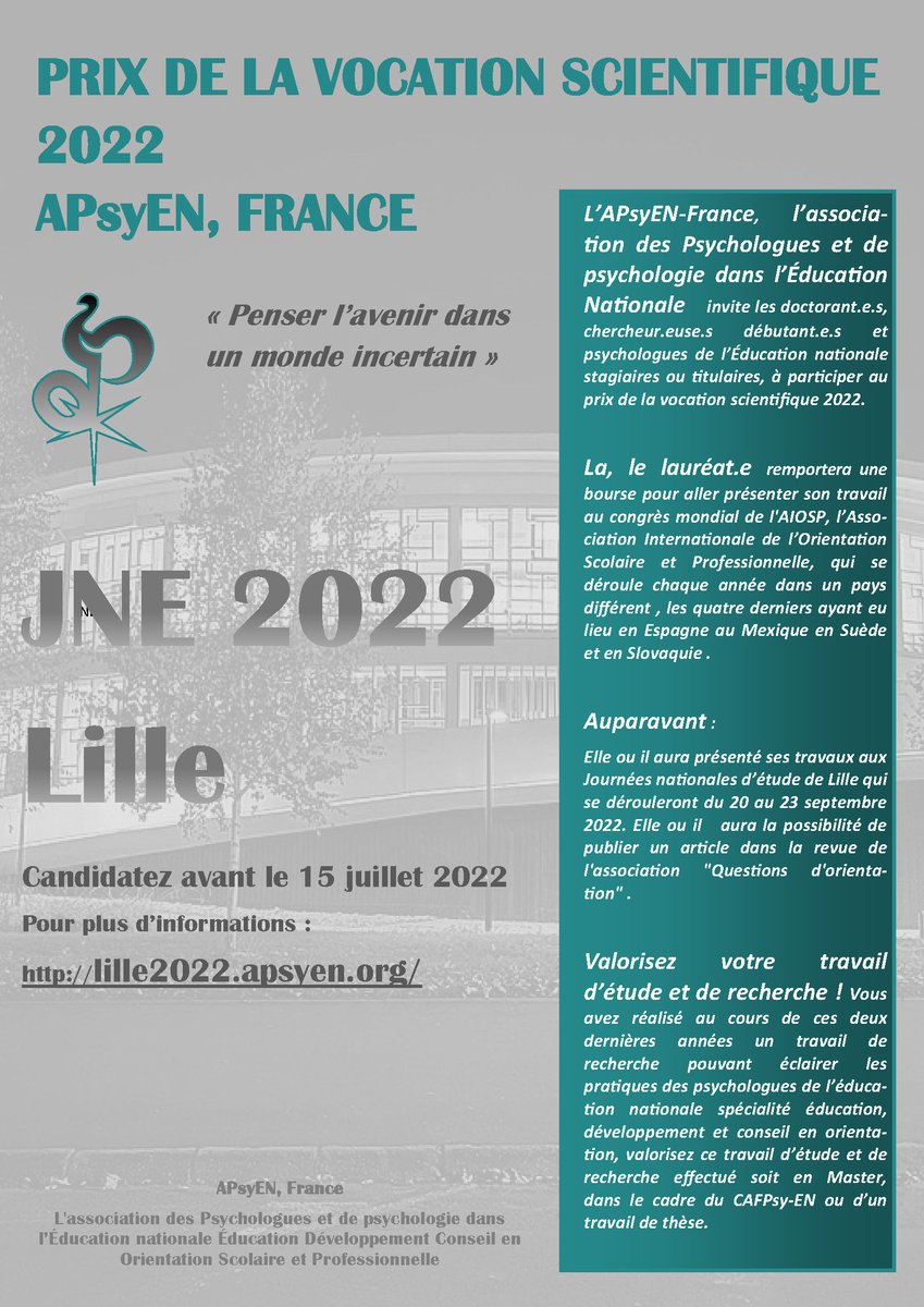 Jusqu'au 15 juillet 2022, les doctorant-e-s, jeunes chercheurs/euses et psychologues de l'Éducation nationale peuvent s'inscrire au prix de la vocation scientifique de l'Apsyen ! Informations et dépôt des candidatures sur : lille2022.apsyen.org/depot-des-cand… 
#ESR #PsyEN