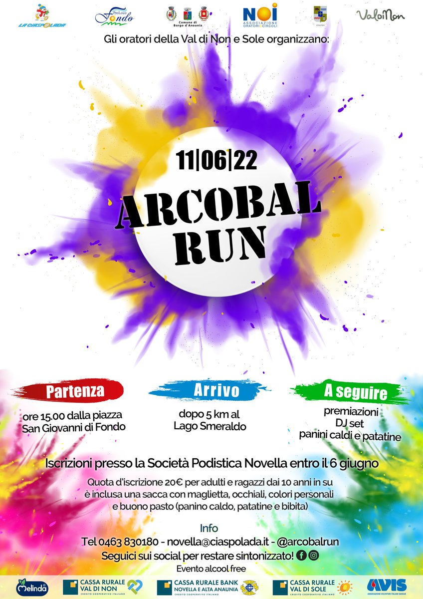 Arriva 𝗔𝗥𝗖𝗢𝗕𝗔𝗟𝗥𝗨𝗡! Pronto a partecipare⁉️ Ci sarà da divertirsi!🎉🥳
🟡a 𝗙𝗼𝗻𝗱𝗼 Borgo d’Anaunia
🟢sabato 𝟭𝟭 𝗴𝗶𝘂𝗴𝗻𝗼
🟣ore 𝟭𝟱:𝟬𝟬
È necessario iscriversi prima, segui le pagine social FB + IG di Arcobalrun, a breve tutte le info!
{evento alcool free}
