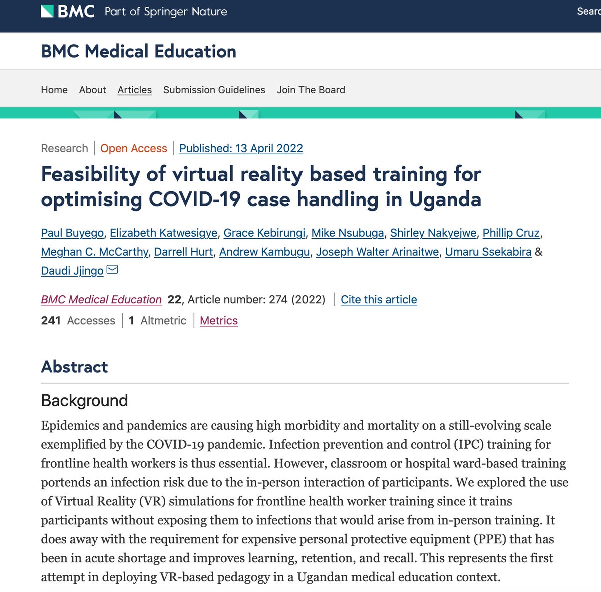AceUganda's tweet image. Excited to see our paper in VR published! @AceUganda pioneering Virtual Reality Training for front-line health workers in Uganda bmcmededuc.biomedcentral.com/articles/10.11…
