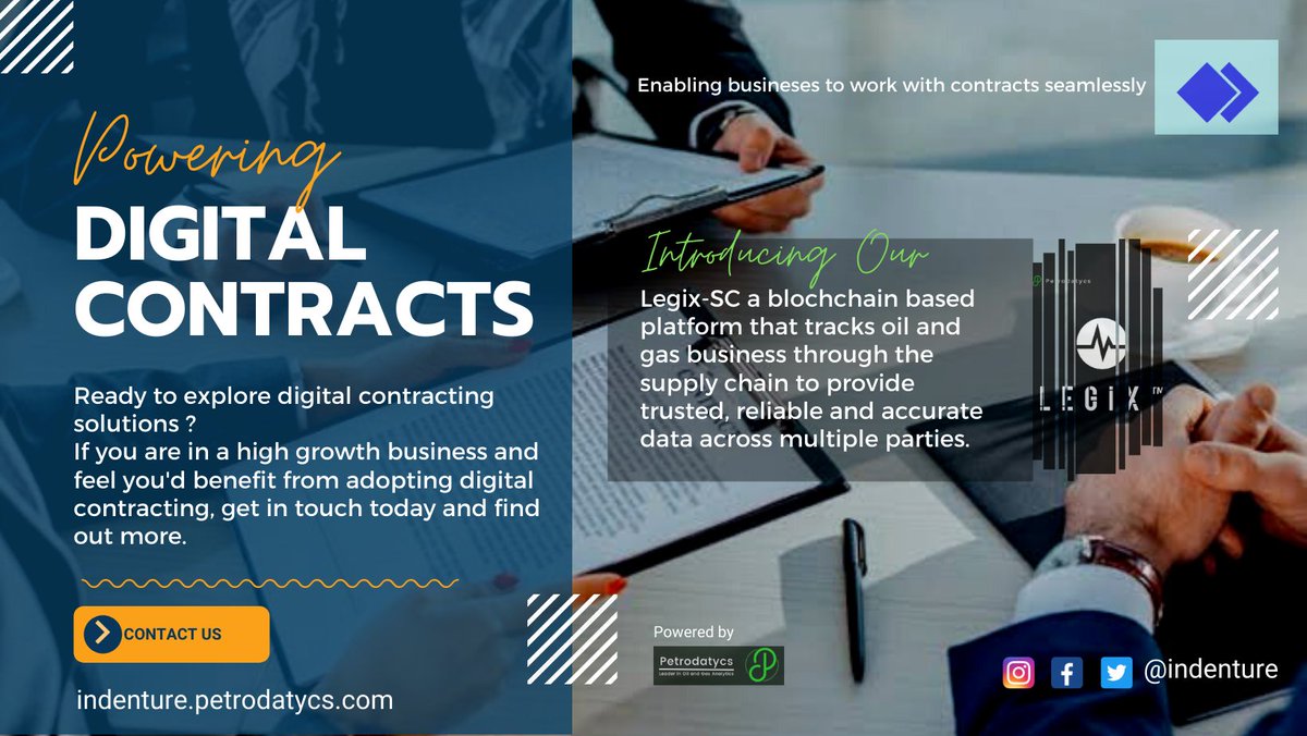 petrodatycs's tweet photo. Breaking: Indenture ventures will streamline your company’s electronic contract process throughout all stages of the contract management lifecycle. Contact us to start streamlining your contract management processes.
#digitalcontracting #oilandgas #partnerships #automation https://t.co/WI7tkMbRVY