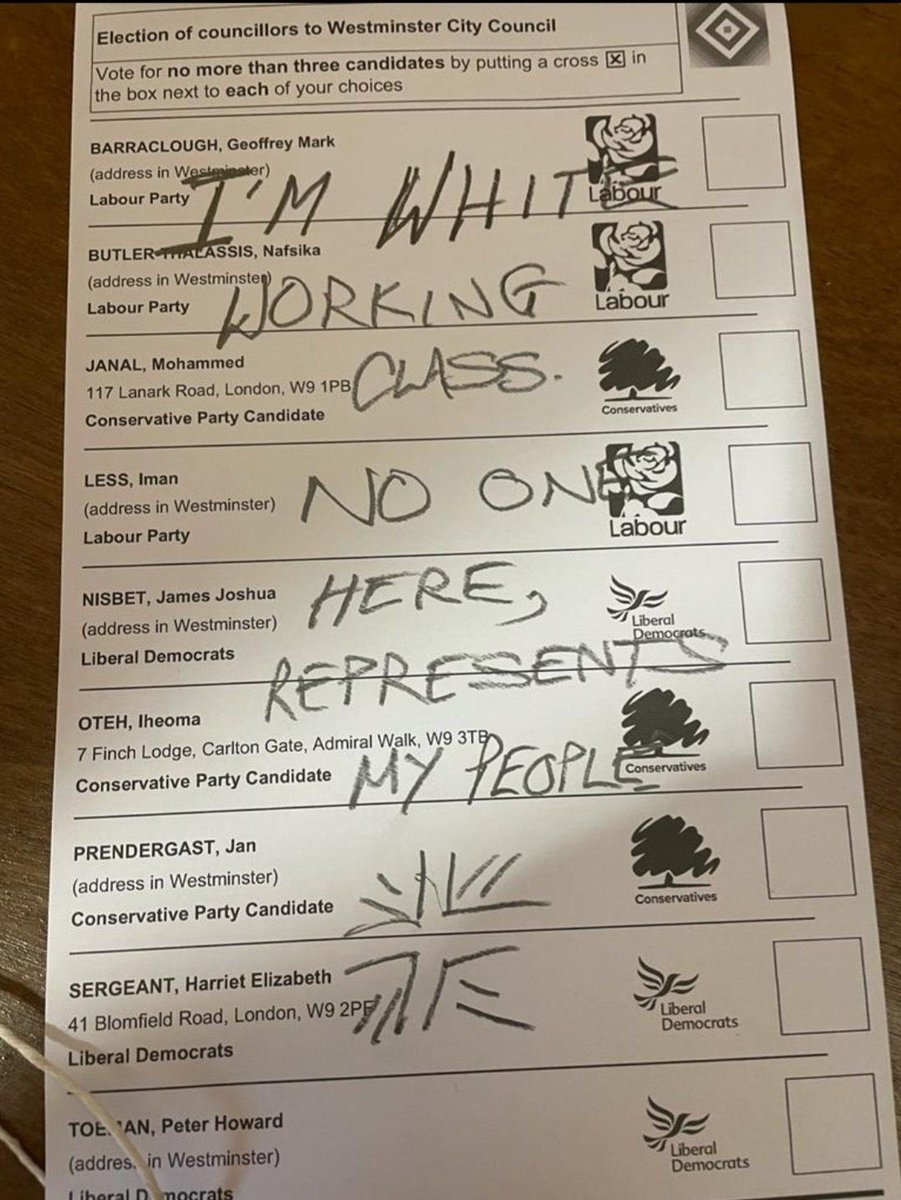“I’m white working class. No one here represents my people 🇬🇧”

This spoiled ballot paper from Westminster speaks for countless other British voters… #localelections