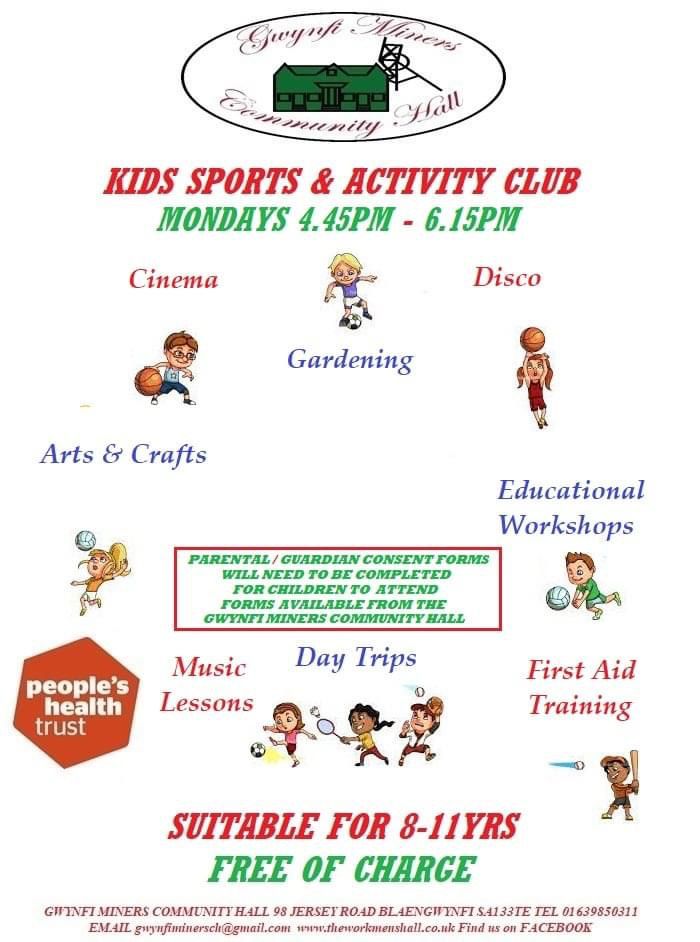 Children will have the opportunity to try new sports &amp; activities every Monday. Parental/ Guardian consent forms will need to be completed. Forms can be collected from the hall or sent via email. 
Youth Club for the older children every Wednesday from 6.00pm during term times.