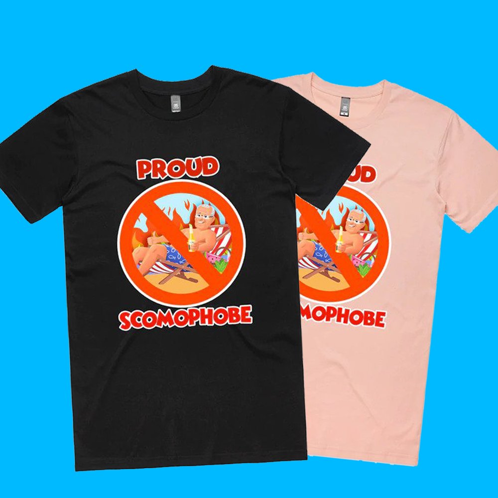 chaser's tweet photo. Looking for a new shirt to express your feelings towards Scott Morrison? Check out our 'Proud Scomophobe' shirt, with a portion of every sale going towards helping young LGBTQI+ people! https://t.co/1KHx0GSy7B https://t.co/e9Pb07GvU5