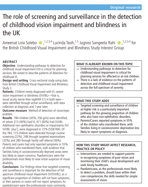 ich_ppp's tweet photo. In this @ADC_BMJ paper out today, @Rahi_Eye_Vision @luciejayt & @lolaeyedoc report on the pathways to detection for Childhood Visual Disability in the UK
https://t.co/C0v3YAUzzS
Supported by @fightforsightUK @BPSUtweet and the #BCVISGroup + @UlverscroftLtd @NIHRresearch https://t.co/fjrXpxAq7U