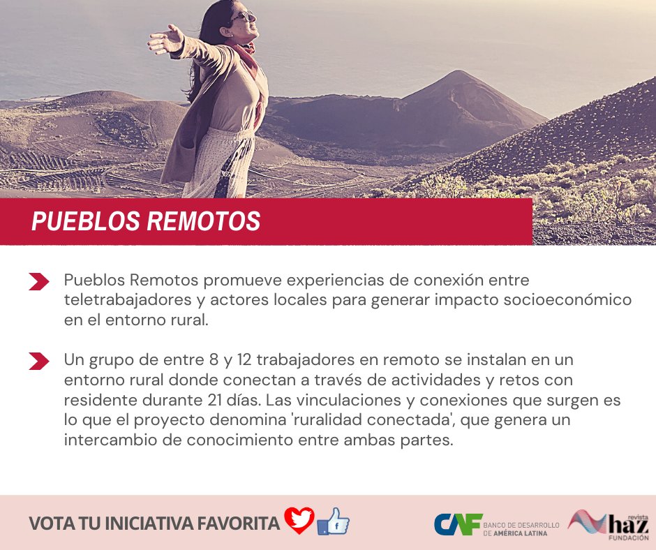 RevistaHaz's tweet photo. Pueblos remotos @pueblosremotos #Pueblosremotos. Vota tu iniciativa favorita de #innovaciónsocial de 2021 #Premiosinnovación. Apoya dando al corazón; vota tantas iniciativas como desees. Una convocatoria de @AgendaCAF y @RevistaHaz. https://t.co/TOyXDIwiiX