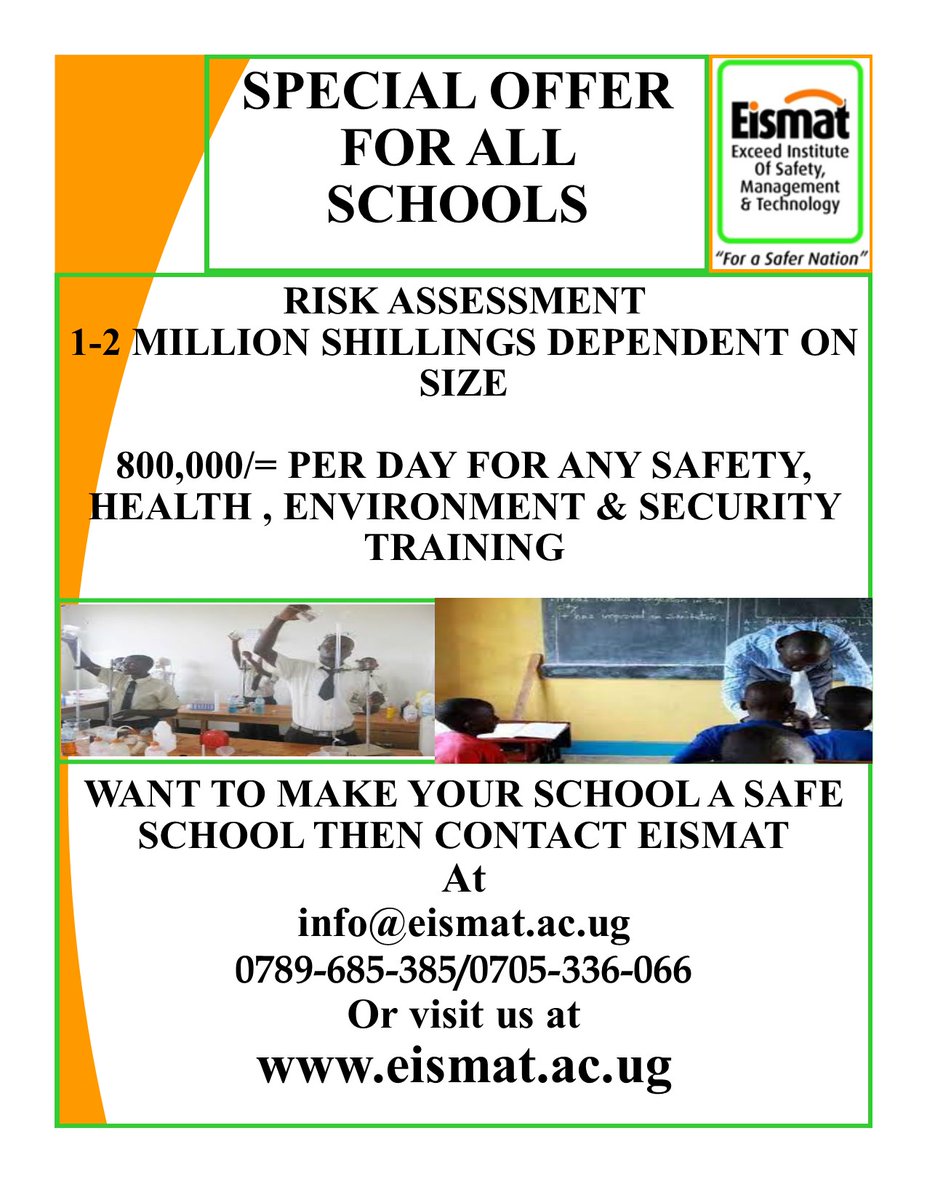 EISMAT -Institute of Safety, Manag't & Technology (@eismat_t) on Twitter photo As schools prepare to open, Don't wait for a fire to break out and destroy lives and property. Allow us to do risk assessment on your school. <a href="/Lubirian/">Lubiri Secondary School</a> <a href="/kampalaparents/">Kampala Parents'</a> <a href="/KibuliSS/">Kibuli Sec School</a> <a href="/Educ_SportsUg/">Ministry of Education and Sports - Uganda</a> <a href="/KawempeMuslim/">Kawempe Muslim Senior Secondary School</a> <a href="/BMBruhan/">Bruhan Byaruhanga M</a> <a href="/GyagendaSZ/">Gyagenda Semakula</a> As schools prepare to open, Don't wait for a fire to break out and destroy lives and property. Allow us to do risk assessment on your school. <a href="/Lubirian/">Lubiri Secondary School</a> <a href="/kampalaparents/">Kampala Parents'</a> <a href="/KibuliSS/">Kibuli Sec School</a> <a href="/Educ_SportsUg/">Ministry of Education and Sports - Uganda</a> <a href="/KawempeMuslim/">Kawempe Muslim Senior Secondary School</a> <a href="/BMBruhan/">Bruhan Byaruhanga M</a> <a href="/GyagendaSZ/">Gyagenda Semakula</a>
