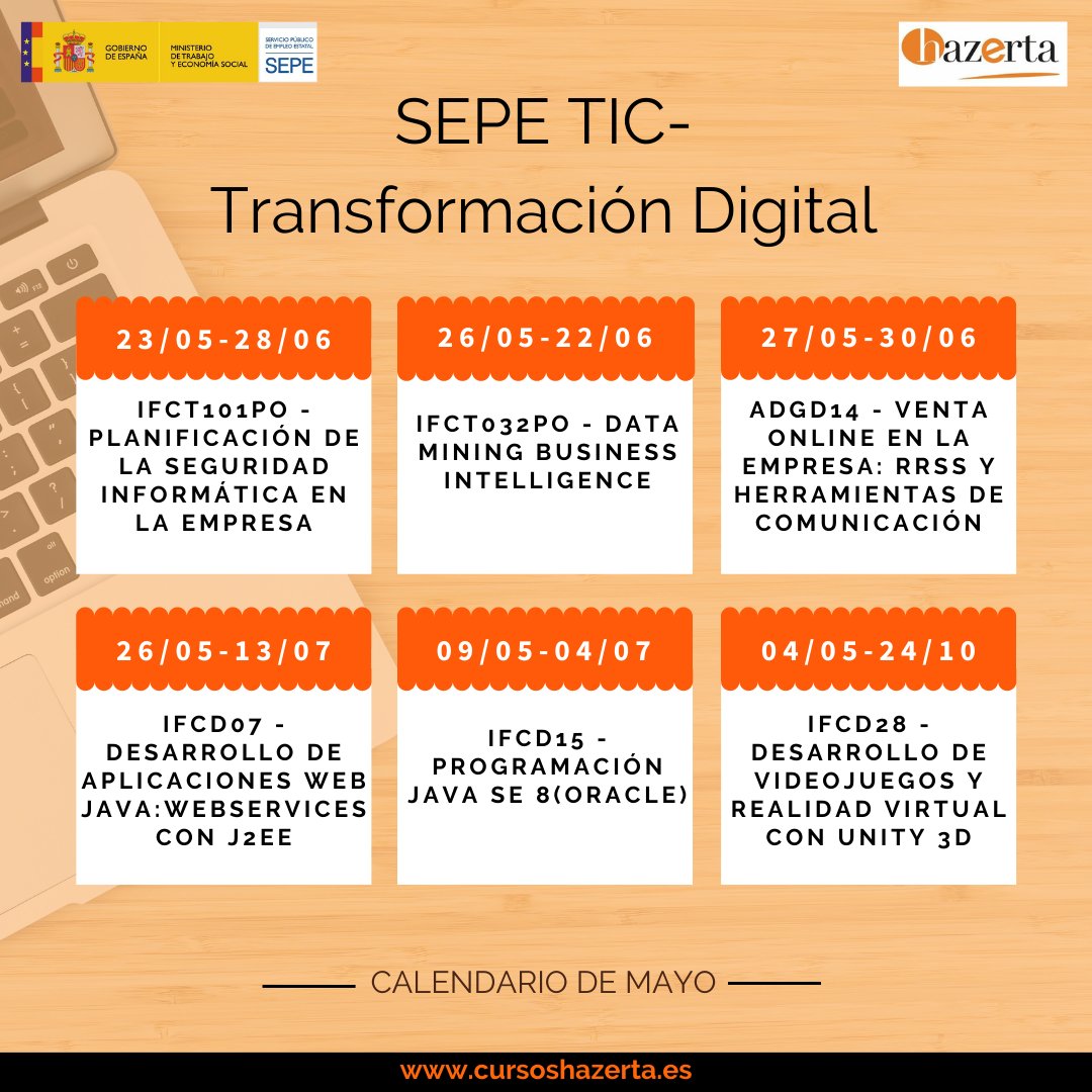 Llega mayo 💃 y, junto con todas sus festividades, te traemos también el calendario de cursos de "Transformación Digital". 
¡Todos 100% GRATUITOS! 👨‍💻​👩‍💻​
No te quedes sin tu formación 🖱️​cursoshazerta.es