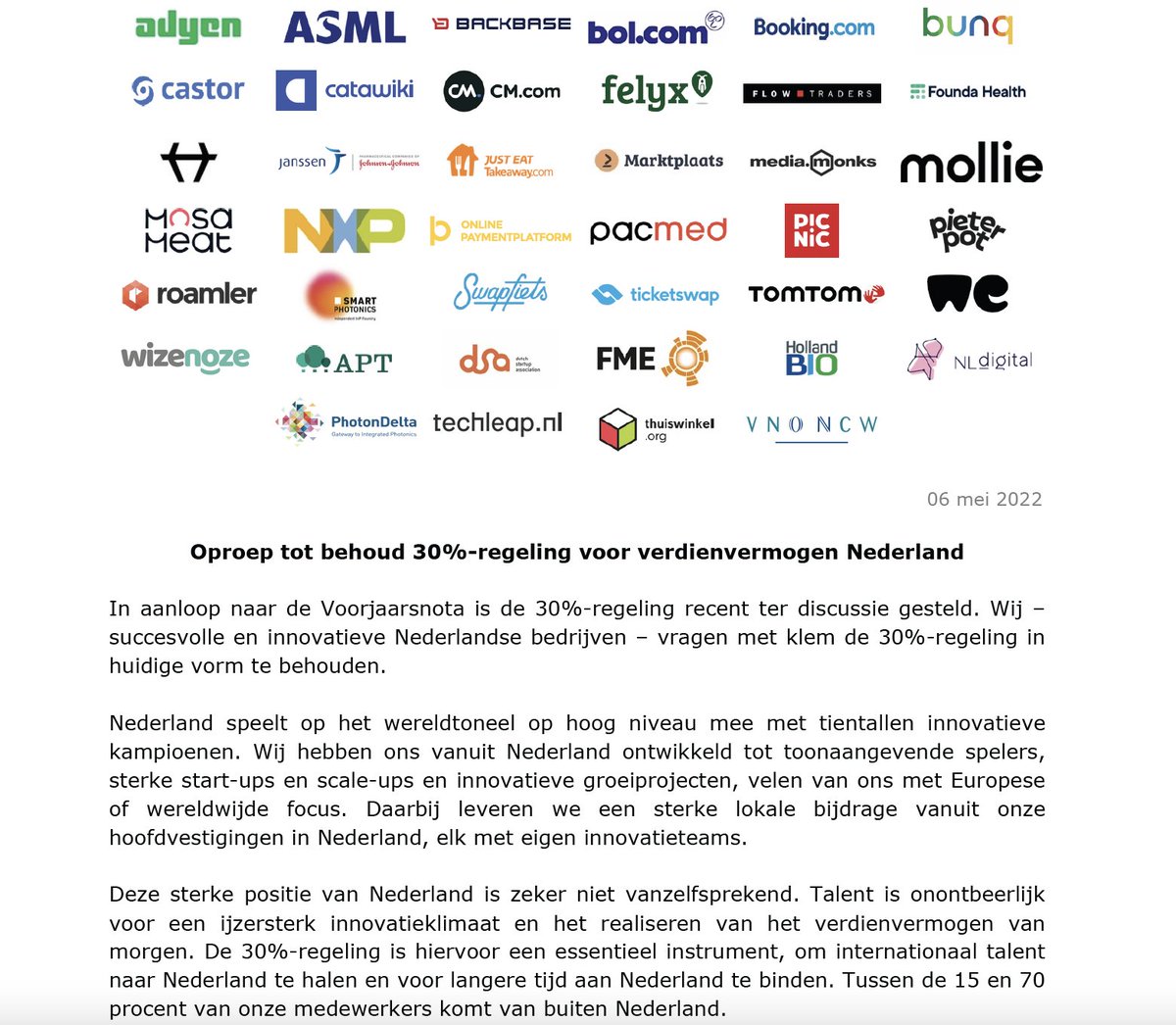 Onze sector staat te springen om talentvolle medewerkers, uit binnen- én buitenland. Daarom roepen we samen met een grote groep ondernemersorganisaties en innovatieve en snelgroeiende bedrijven de Nederlandse politiek op om de zogeheten 30%-regeling in de huidige vorm te behouden