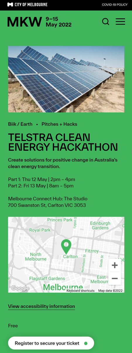 📅 1 week to go! 

Join <a href="/Telstra/">Telstra</a> &amp; <a href="/cityofmelbourne/">City of Melbourne</a>
For the #CleanEnergy hackathon 🌞 🔧 to develop positive solutions for a transition to net zero in your city 🏢 

mkw.melbourne.vic.gov.au/event/telstras…