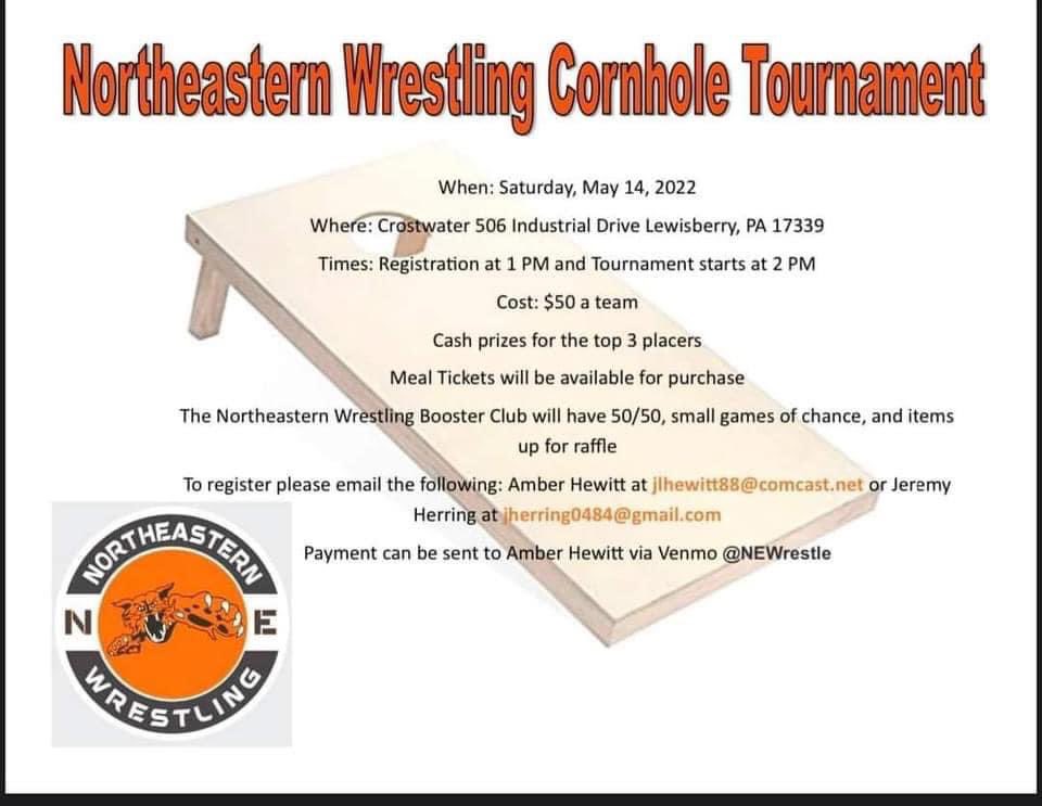 1st Annual NE Wrestling Booster Club Cornhole Tournament. May 14th at Crostwater Distillery. Come out and support the Bobcat Wrestling program.