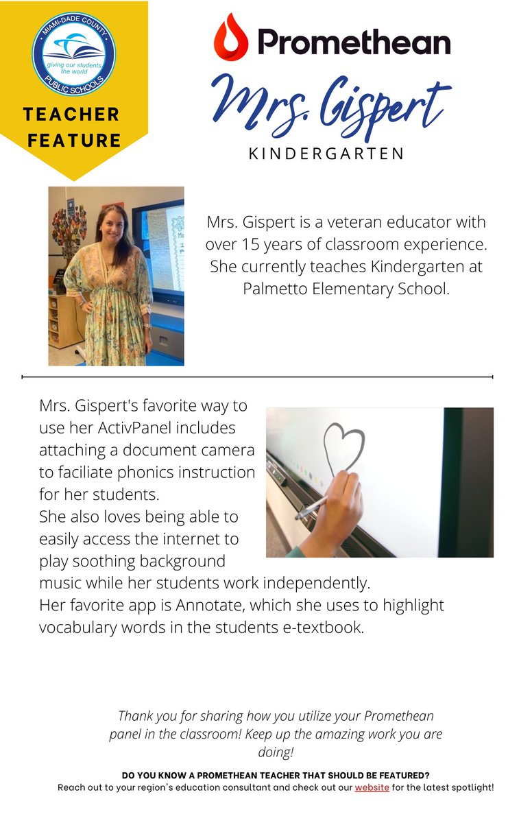 It's FRI-YAY! That means its time for our latest <a href="/Promethean/">Promethean</a> *Teacher Feature*! 
This week, we spotlight <a href="/MDCPS/">Miami-Dade Schools</a> Educator, Mrs. Gispert- a phenomenal Kindergarten teacher at Palmetto Elementary. Click the link in bio or read below to learn more about her! #PrometheanLovesTeachers