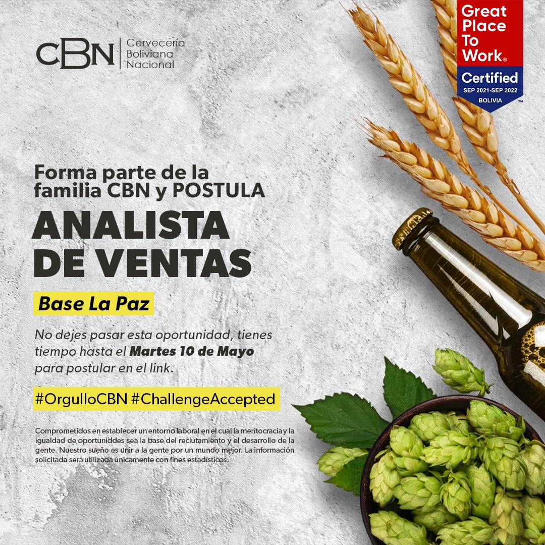 CBN_Bolivia's tweet photo. ¡Forma parte de la familia CBN y postula!
No dejes pasar esta oportunidad, tienes tiempo hasta el martes 10 de mayo para postular:
🔲 Analista de Ventas (La Paz)
https://t.co/4x1Amgmjkw
#OrgulloCBN
#ChallengeAccepted https://t.co/PHLWWNfEVl