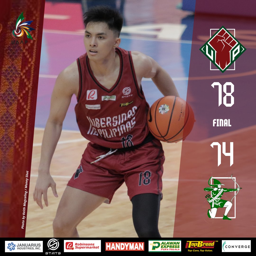 upmbt's tweet photo. The Fighting Maroons pulled off a miracle in the fourth, erasing La Salle’s lead bit by bit. Steady play and tons of patience did it for UP, with Karl Tamayo proving he is the newest King Maroon. Finals-bound UP Finishes AT 78-74. #UPFight https://t.co/mLboEPqcr5
