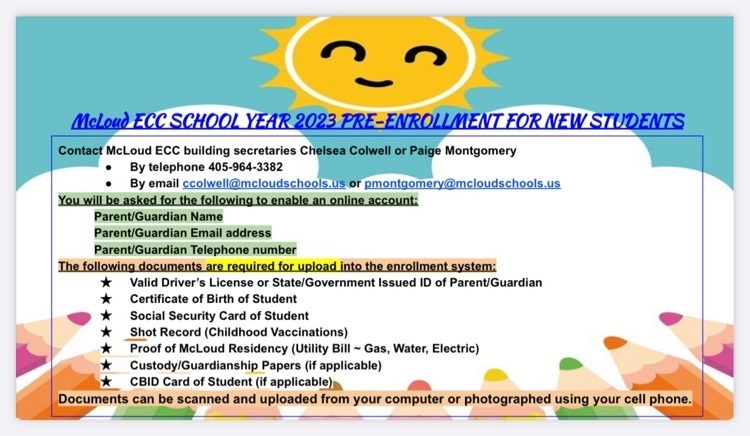 McLoud Pre-Enrollment for 22-23 school year is open for new and returning ECC students.  The ECC has limited spaces available for our full day PreK and Kindergarten early learning programs.  Don’t miss out on your child’s opportunity to learn with us next school year.