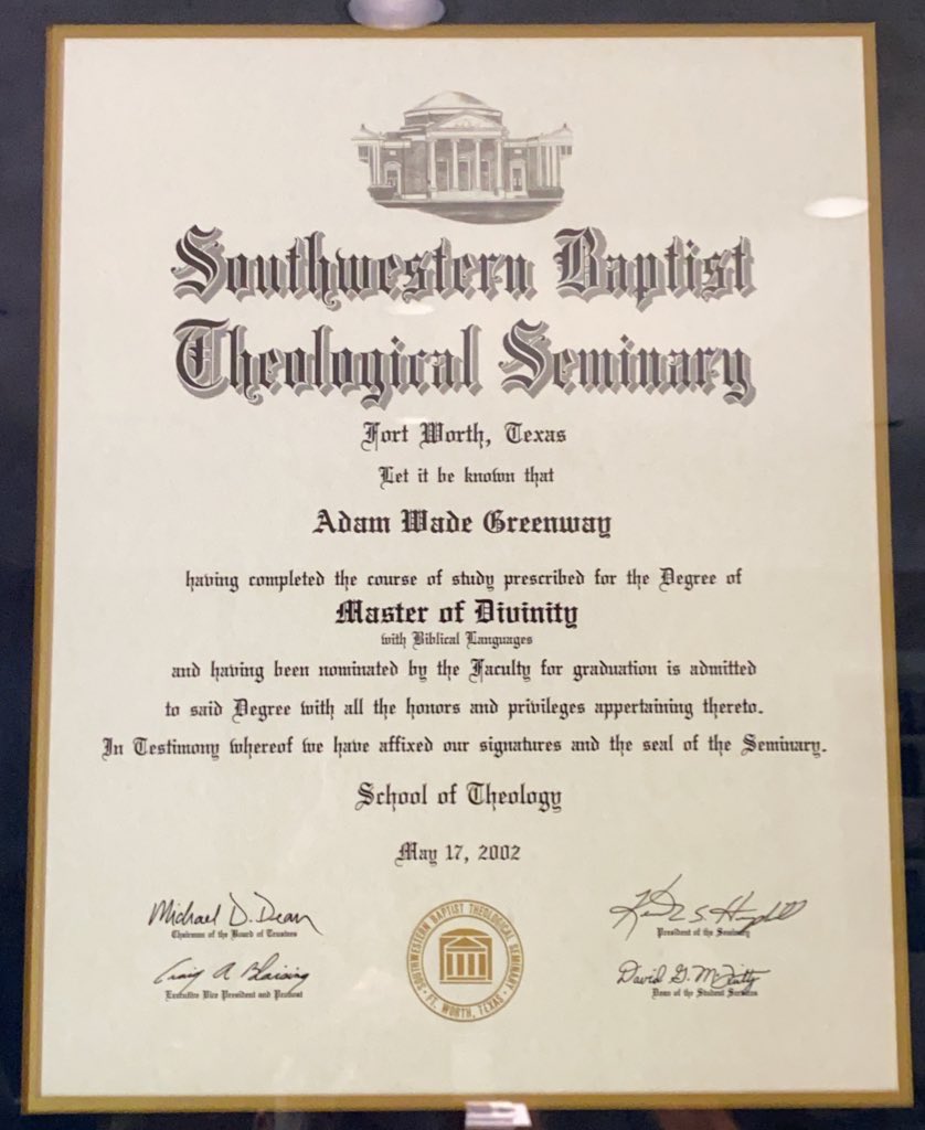 Twenty years ago this month, my president <a href="/KenHemphill/">Ken Hemphill</a> presented this beautiful diploma to me. Today I have the privilege of doing likewise to our ~250 <a href="/SWBTS/">Southwestern Seminary</a> and <a href="/TXBaptCollege/">Texas Baptist College</a> graduates at our Spring 2022 #SWBTSCommencement. Join w/us online at 10am CT. swbts.live