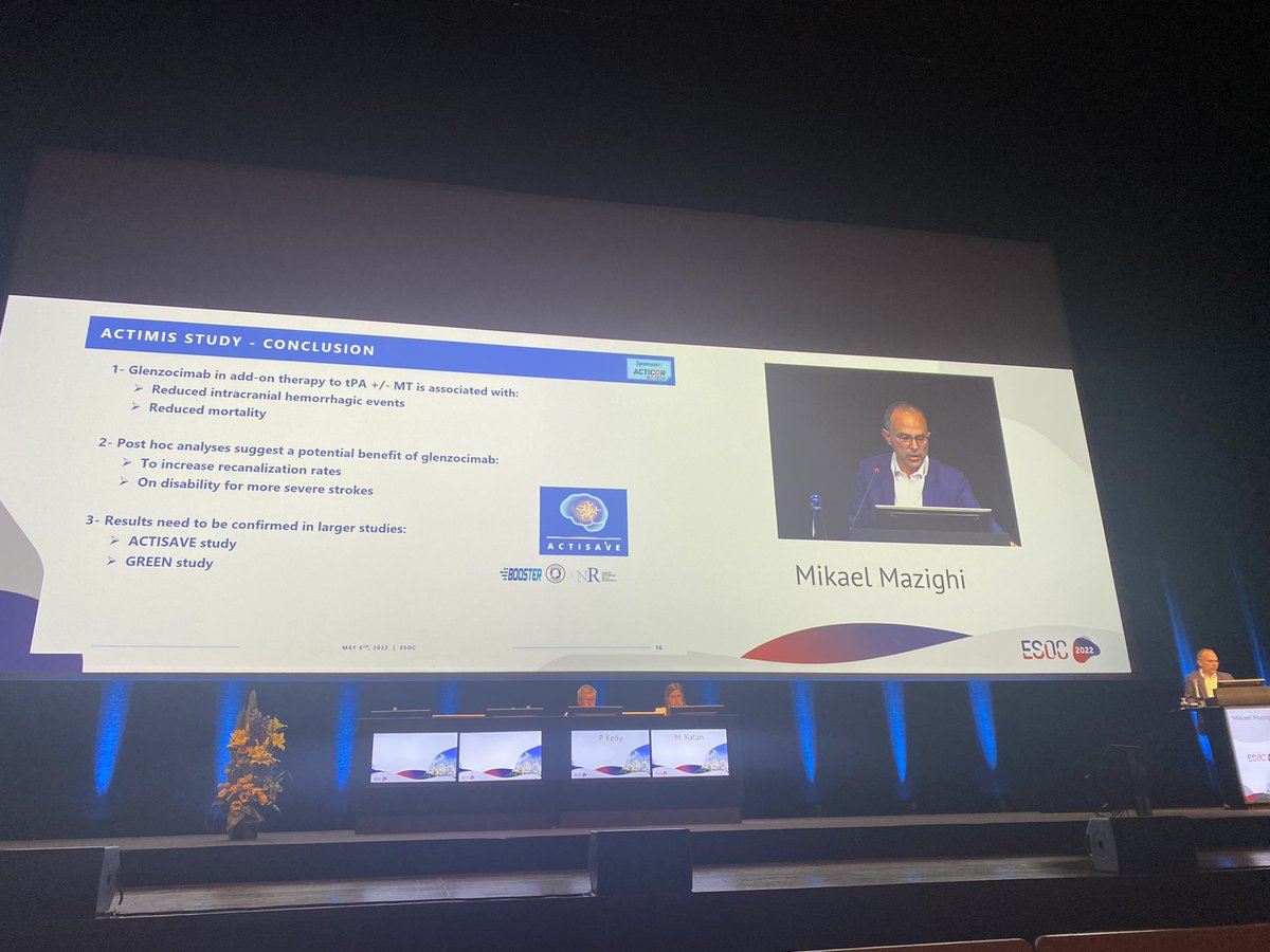 #ESOC2022 updates: Pr Mikael Mazighi just presented promising results from Actimis trial on glenzocimab in the acute phase of ischemic stroke - Large Clinical Trial session @ESOstroke @HopLariboisiere @ActicorBiotech - stay tuned, ACTISAVE study is ongoing!