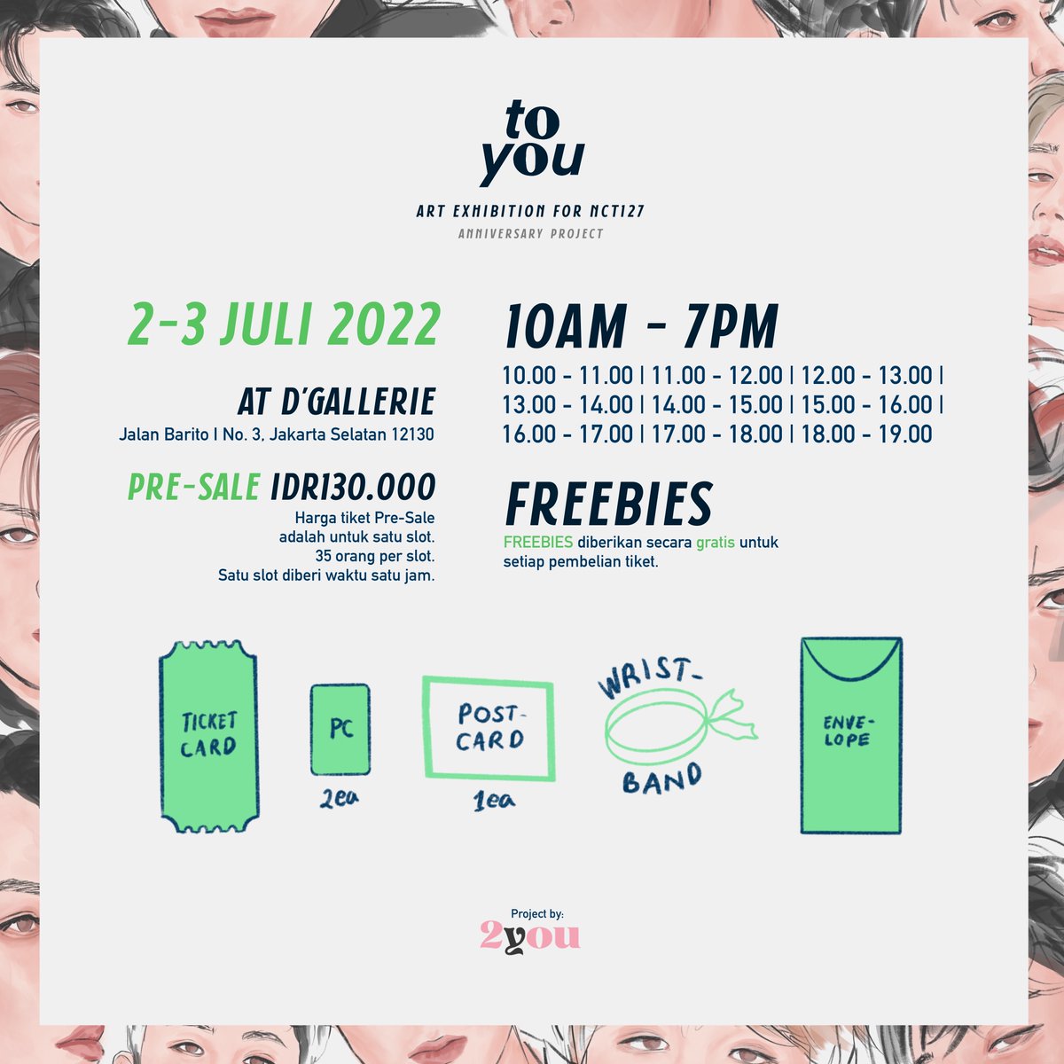 markleebase's tweet photo. halo, Markf!
Art Exhibition For NCT 127
'๐ฉ๐ค ๐ฎ๐ค๐ช'
๐ซ HTM (ticket online): https://t.co/L6UqTikb2n
๐ฒGroup Chat : https://t.co/qGX5U6fdwT
๐ DโGallerie, Jakarta
Project by @project_2you
#ProjectNCT127
#Project2you
https://t.co/Pqu11birKR