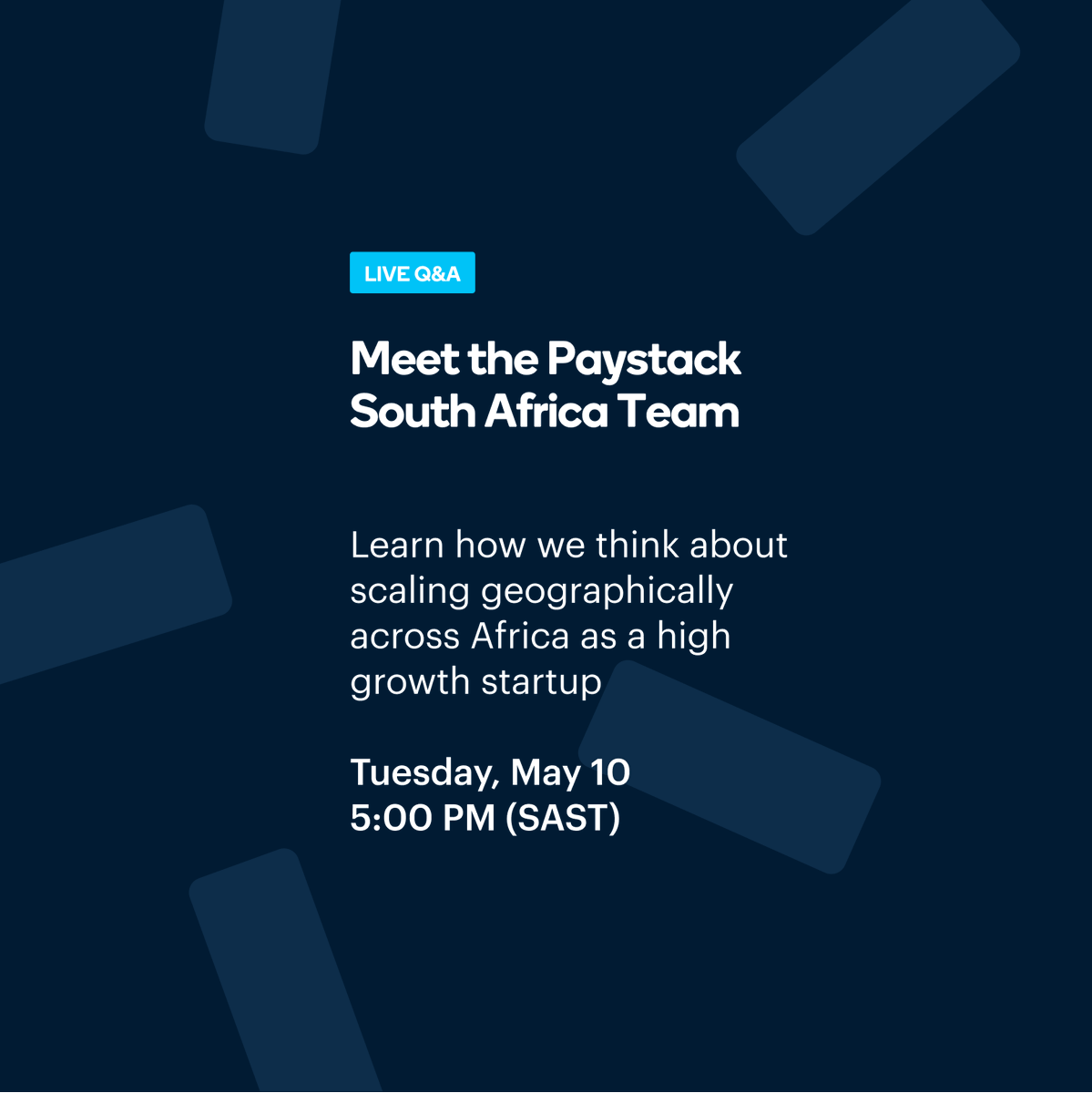 paystack's tweet photo. As a startup, how do you identify and prioritize new markets? How do you build trust with prospective customers in new regions? Find answers to these questions and more at our live Q&amp;A! 

📆 Tuesday, May 10
⏰ 5 pm (SAST)

Book your free seat 👇🏿
https://t.co/I68GXP7alN https://t.co/9nLhg0K4cV