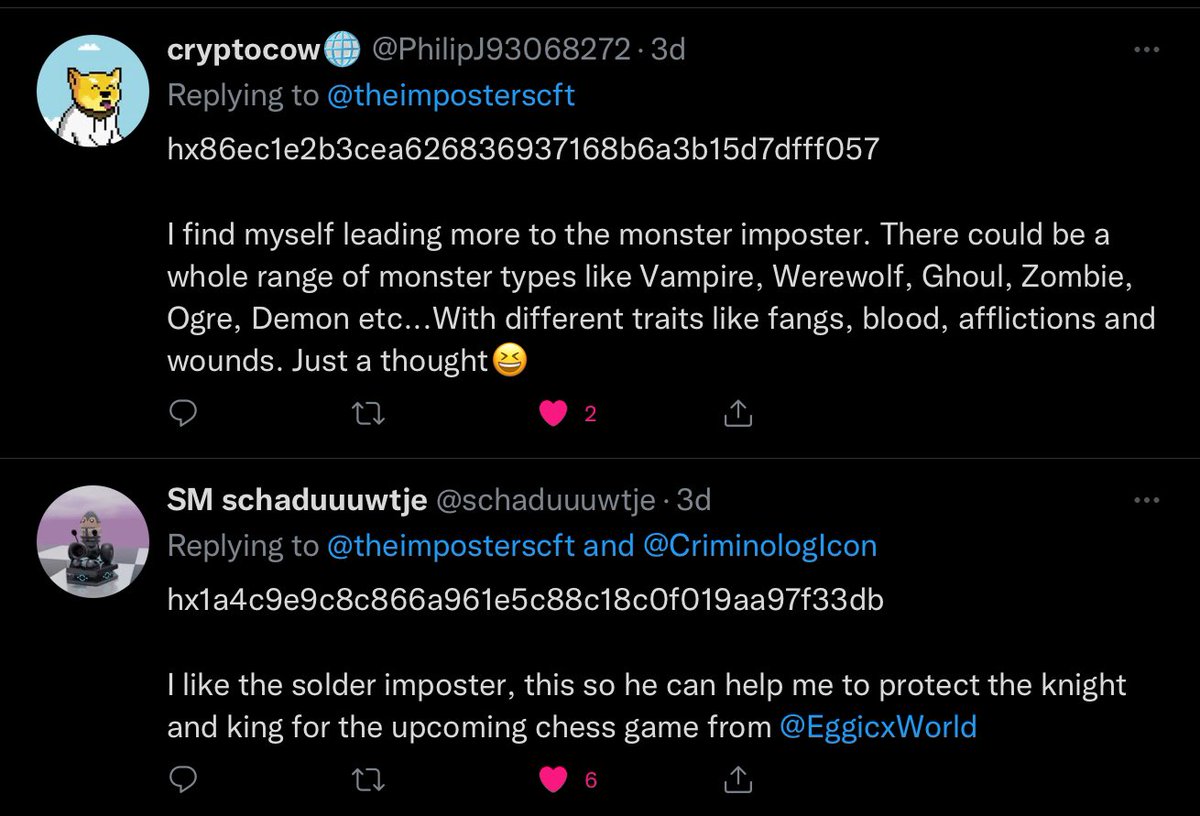 theimposterscft's tweet image. Well I said one but clearly I’m under mine control and will be awarding 2 NFTs , the monster to @PhilipJ93068272 and soldier to @schaduuuwtje have a wonderful day peeps $icx $cft $baln 
@BtcStonks