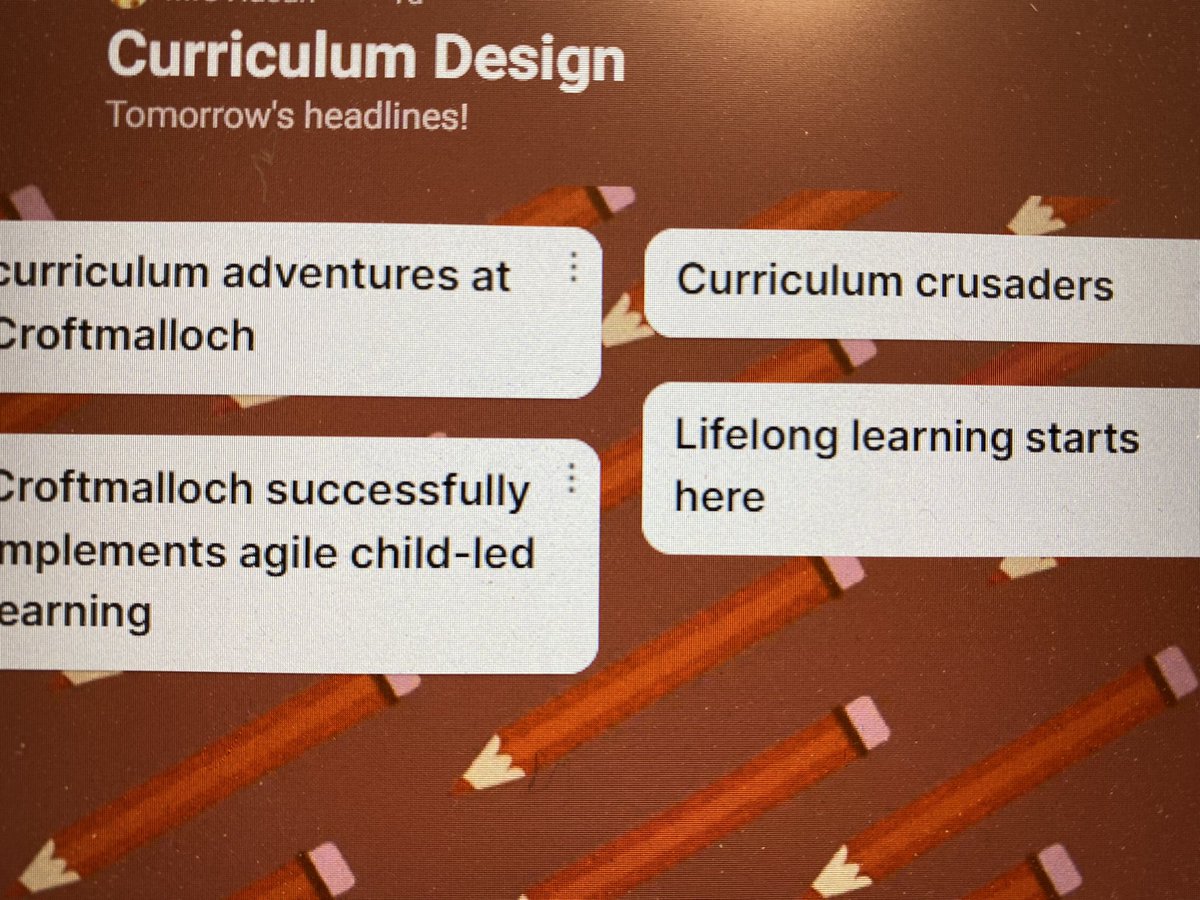 MrsHasan9's tweet photo. Inspiring conversations during our In Service day as we constructed our ‘headlines for tomorrow!’ @croftmalloch #agile #lifelong #croftycares https://t.co/Ny8BNwQvfa