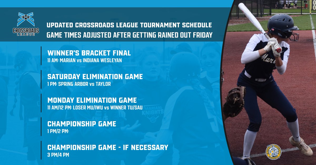 MUKnights's tweet photo. Here is the updated @Crossroads_NAIA Tournament Schedule: 

11 AM Saturday: Marian vs Indiana Wesleyan
1 PM Saturday: Taylor vs Spring Arbor
If Taylor defeats Spring Arbor, the tourney will resume at 11 AM Monday.
If Spring Arbor defeats Taylor, the tourney starts at 12 PM Monday https://t.co/gIiA6NsKMf